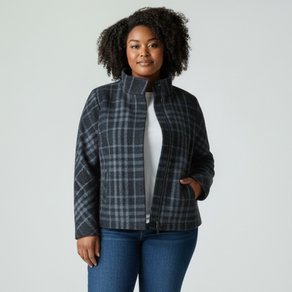 Talbots Plaid Snap Front Jacket Size 14 Blue Gray